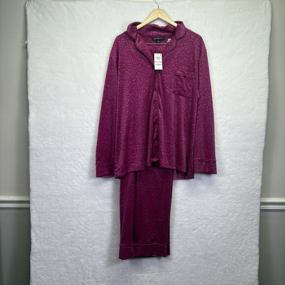 INC International Concepts Velour Notch Collar Plush Cheetah Pajama Set Pink XXL - Picture 1 of 15